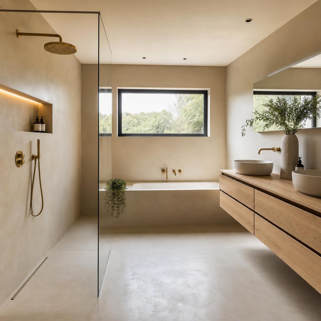 Warm microcement bathroom
