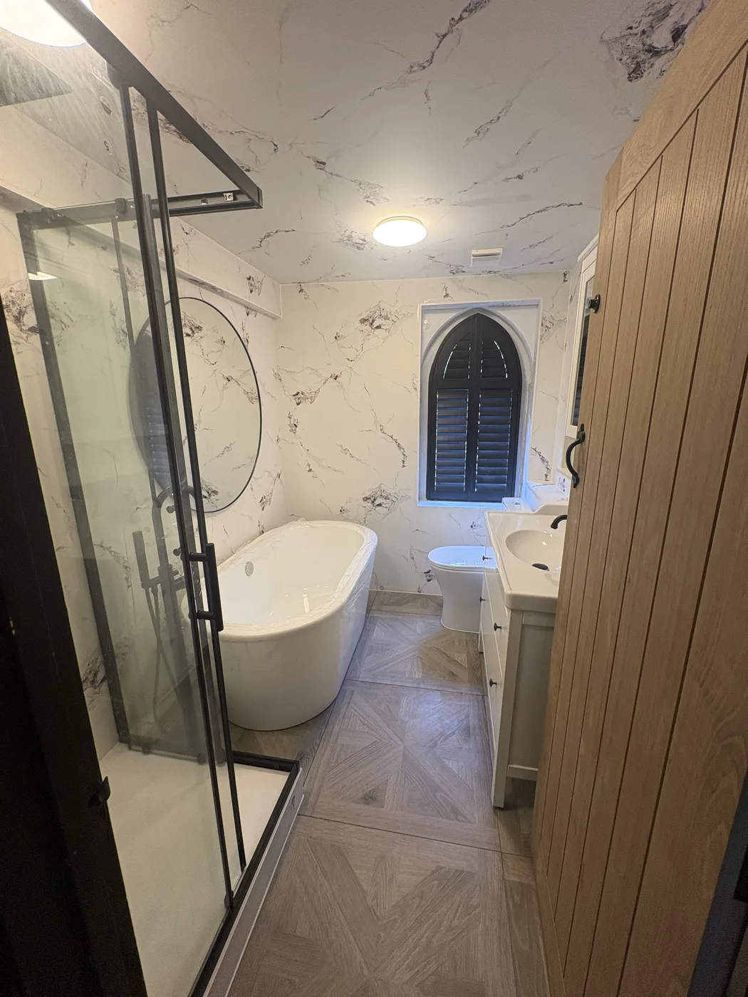 Marble-Effect Wall & Ceiling Panel Bathroom — After